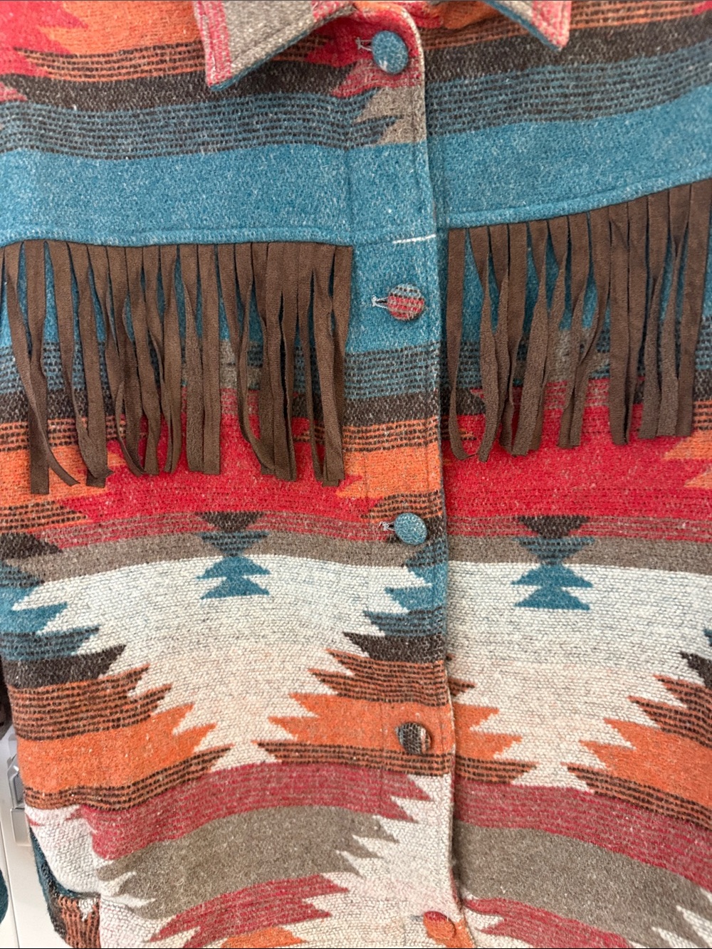 Vici Southwestern Fringe Utility Jacket in Teal, Rust & Gray - Picture 3 of 5